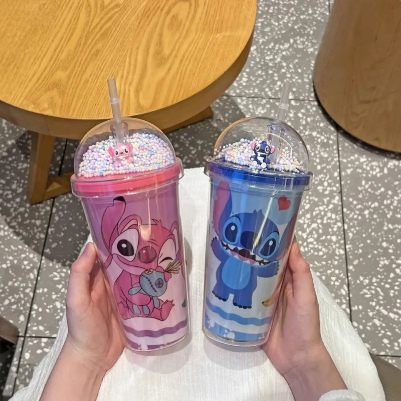 Kubek z Rurką Disney Stitch 450 ml – Podwójna Warstwa, Bidon dla Dzieci | Butelka na Wodę Kawaii