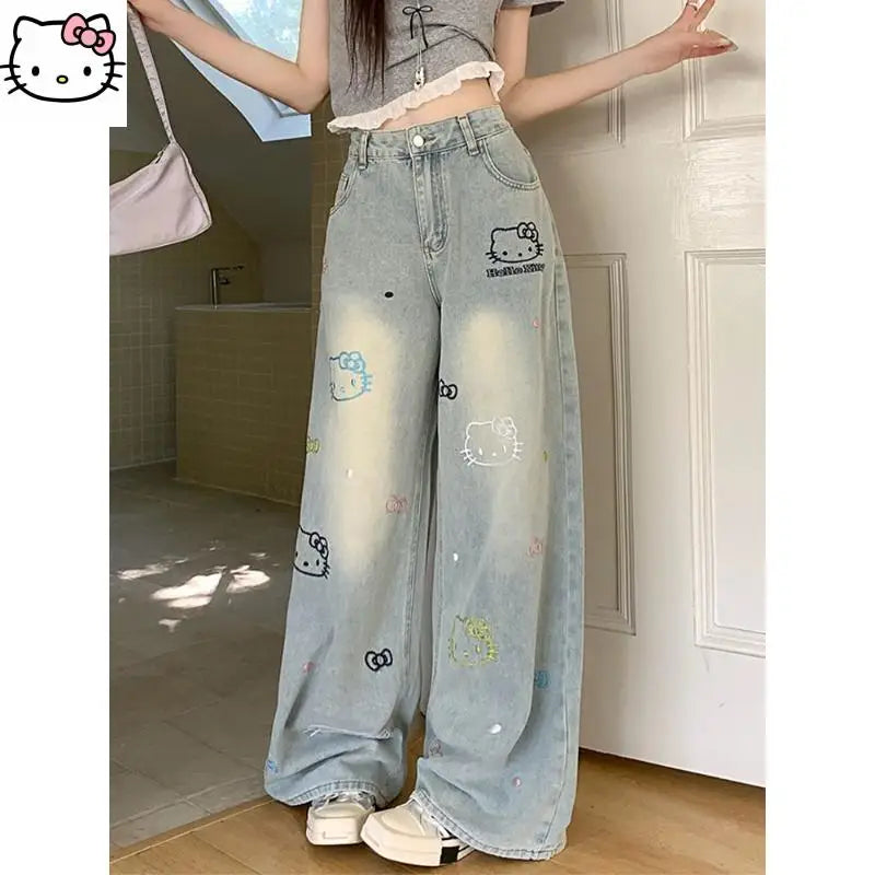 Dżinsy urocze spodnie z Hello Kitty, z szerokimi nogawkami, wysokim stanem, Luźne, wygodne