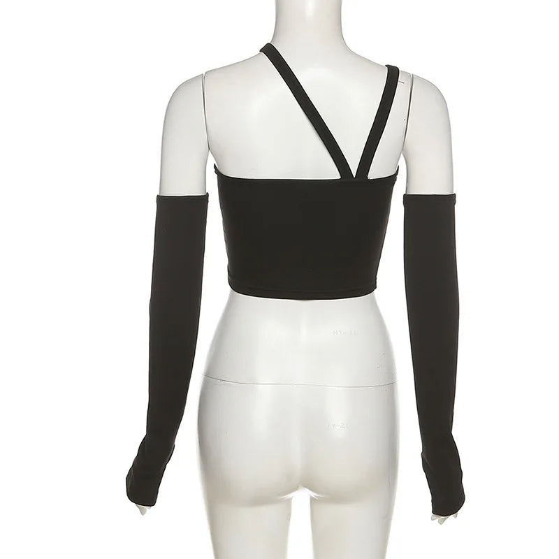 Jesienna Modna Koszulka Damska z Odpinanymi Rękawami – Slim Fit, Halter, Streetwear