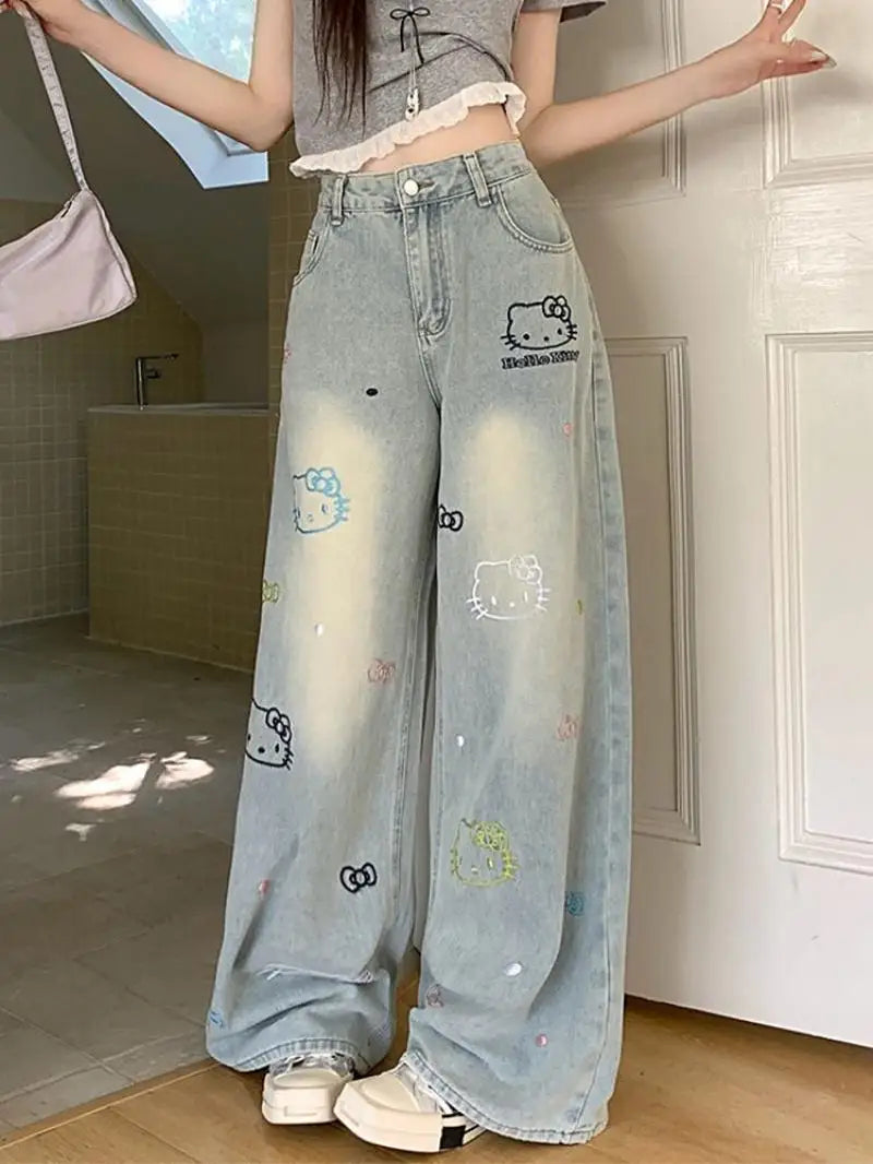 Dżinsy urocze spodnie z Hello Kitty, z szerokimi nogawkami, wysokim stanem, Luźne, wygodne