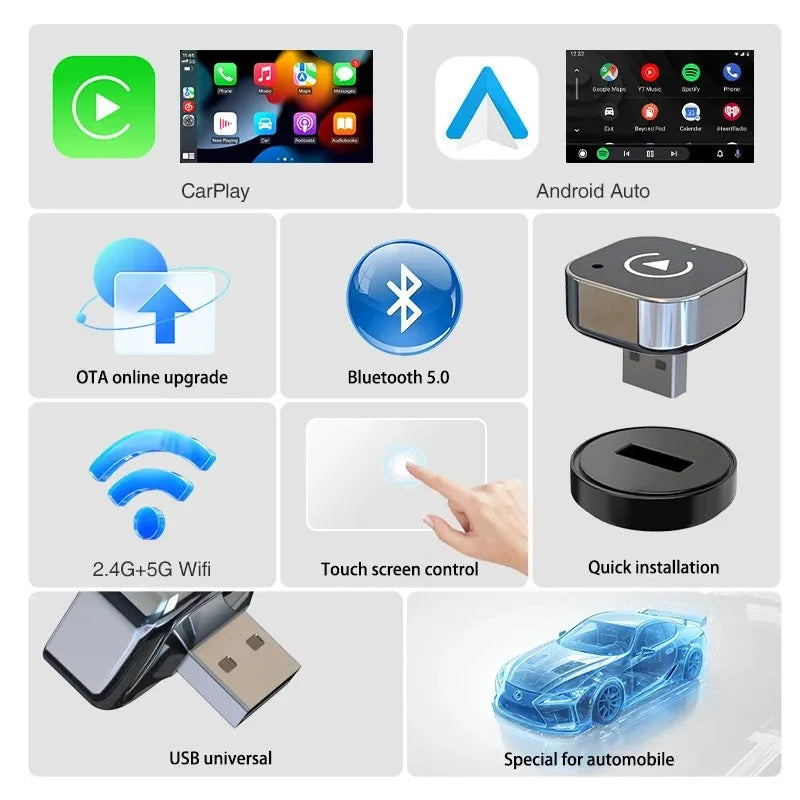 2w1 Bezprzewodowy Adapter CarPlay do Samochodu – Zamień Kabel na Wireless, Plug & Play, Kompatybilny z iPhone
