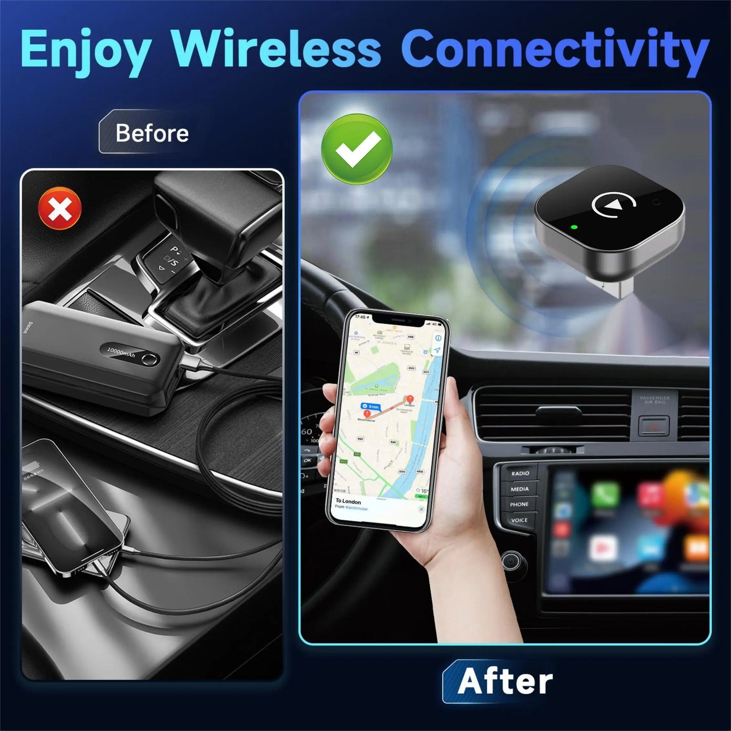 2w1 Bezprzewodowy Adapter CarPlay do Samochodu – Zamień Kabel na Wireless, Plug & Play, Kompatybilny z iPhone