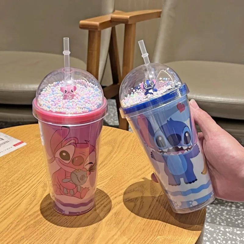 Kubek z Rurką Disney Stitch 450 ml – Podwójna Warstwa, Bidon dla Dzieci | Butelka na Wodę Kawaii