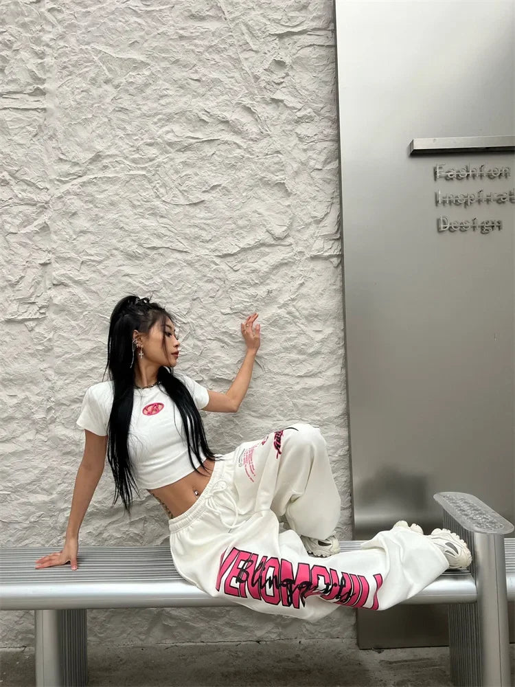 Koreańskie spodnie dresowe Y2K – białe, damskie, w stylu streetwear, Harajuku, oversize, hip-hopowe, z szerokimi nogawkami i nadrukiem