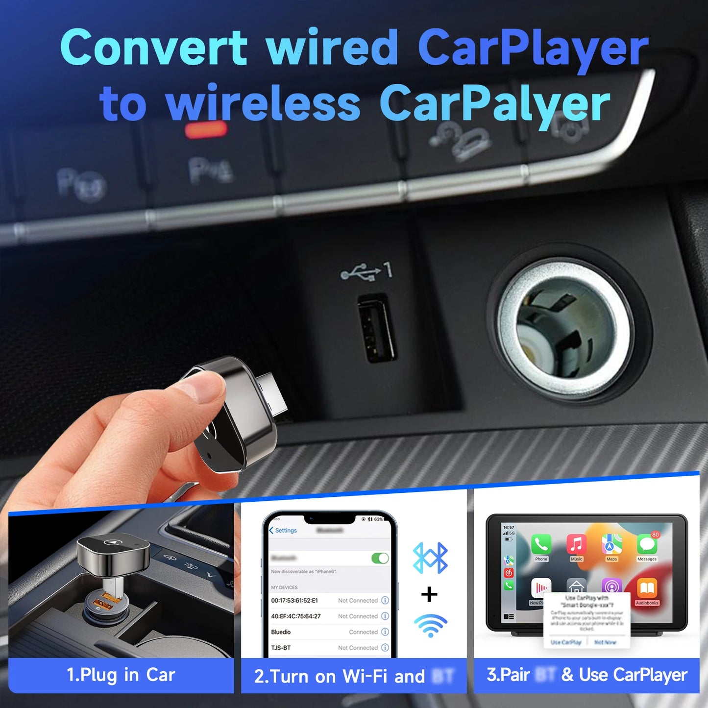 2w1 Bezprzewodowy Adapter CarPlay do Samochodu – Zamień Kabel na Wireless, Plug & Play, Kompatybilny z iPhone