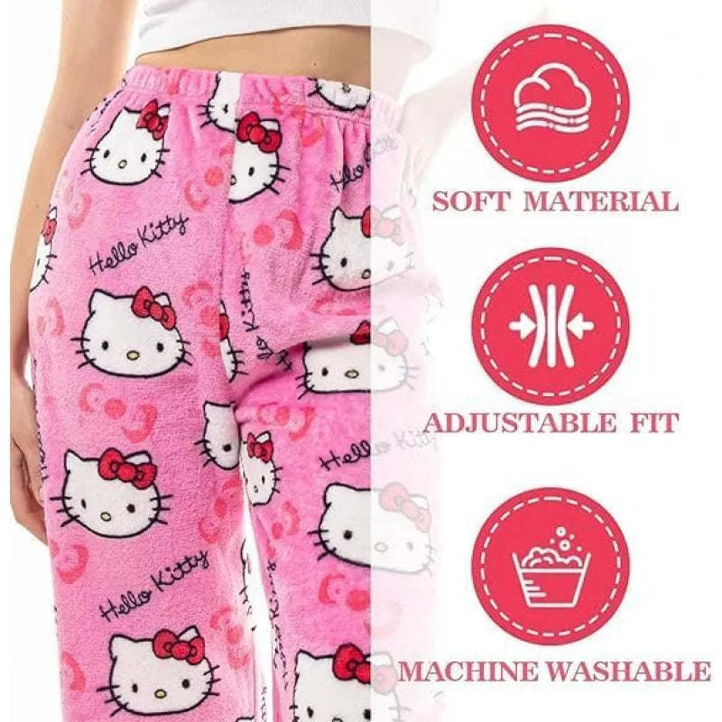 Hello Kitty spodnie piżamowe – anime spodnie piżamowe dla kobiet, z motywem kreskówkowym. Idealne także jako komplet dla par. Wygodne, luźne spodnie do spania i noszenia w domu, w stylu Y2K i kawaii.