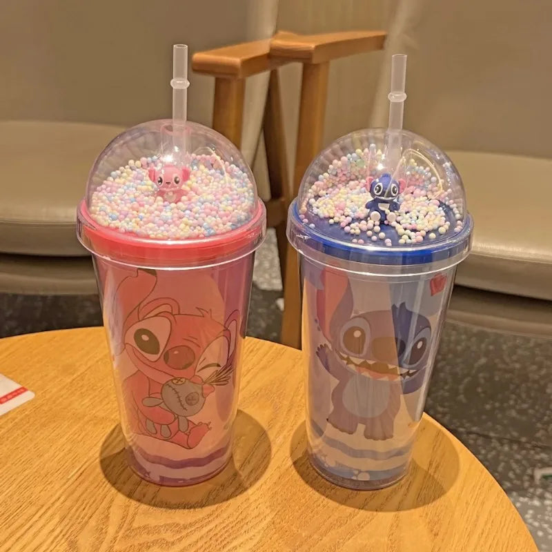 Kubek z Rurką Disney Stitch 450 ml – Podwójna Warstwa, Bidon dla Dzieci | Butelka na Wodę Kawaii