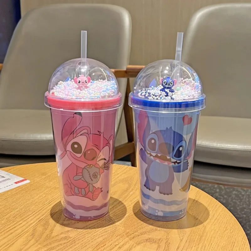 Kubek z Rurką Disney Stitch 450 ml – Podwójna Warstwa, Bidon dla Dzieci | Butelka na Wodę Kawaii