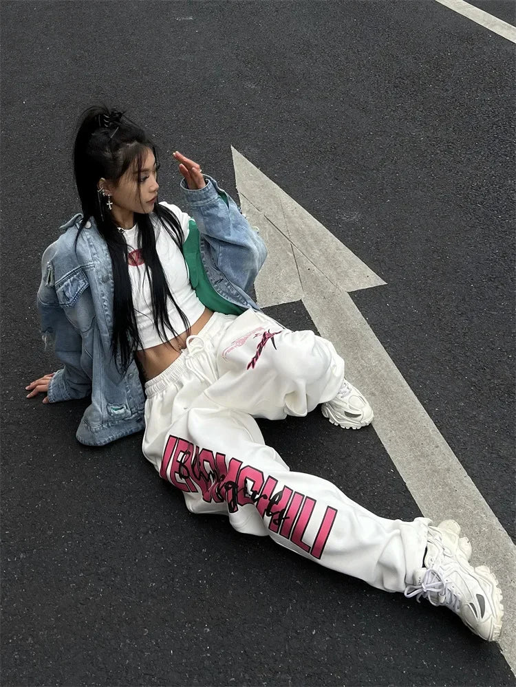 Koreańskie spodnie dresowe Y2K – białe, damskie, w stylu streetwear, Harajuku, oversize, hip-hopowe, z szerokimi nogawkami i nadrukiem