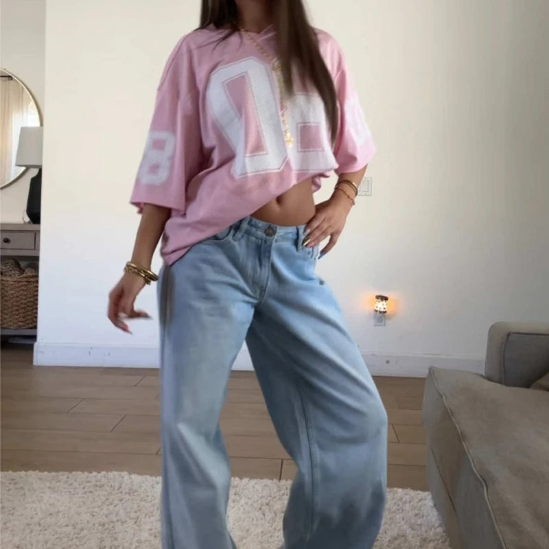 Koszulka Piłkarska z Krótkim Rękawem dla Dziewczyn – Luźny Krój, V-Neck, Nadruk Liter, Oversize