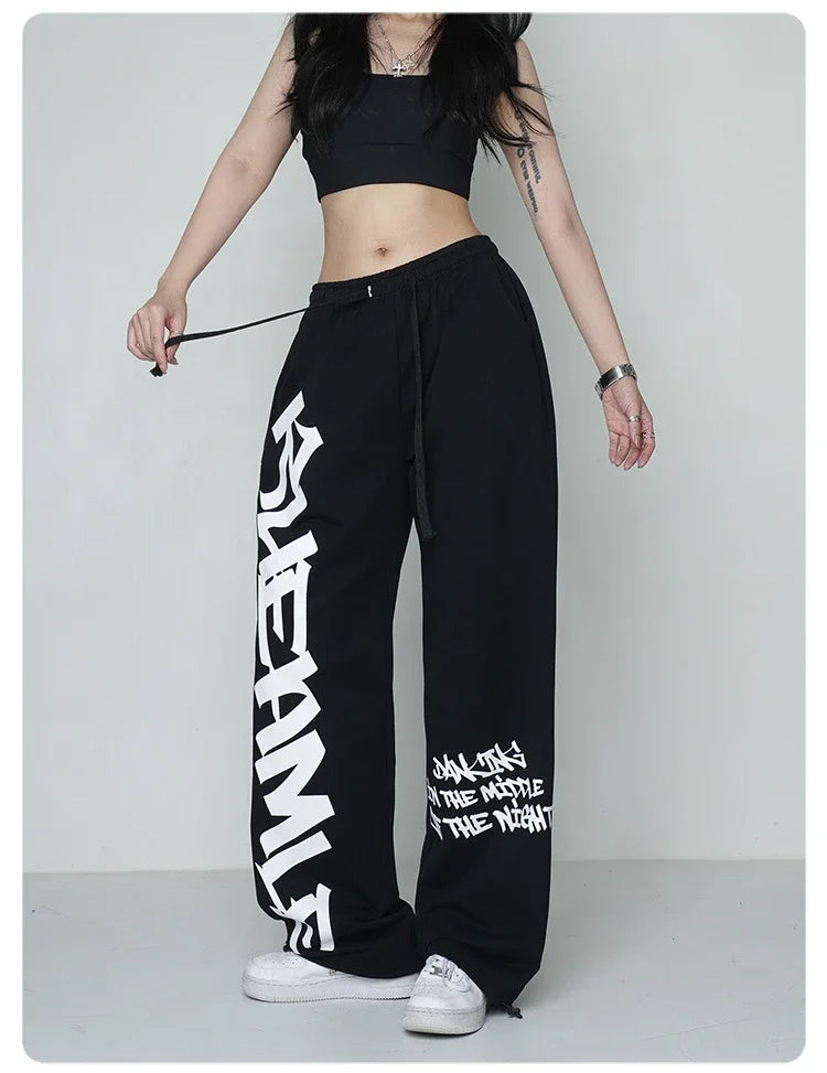 Koreańskie spodnie dresowe Y2K – białe, damskie, w stylu streetwear, Harajuku, oversize, hip-hopowe, z szerokimi nogawkami i nadrukiem