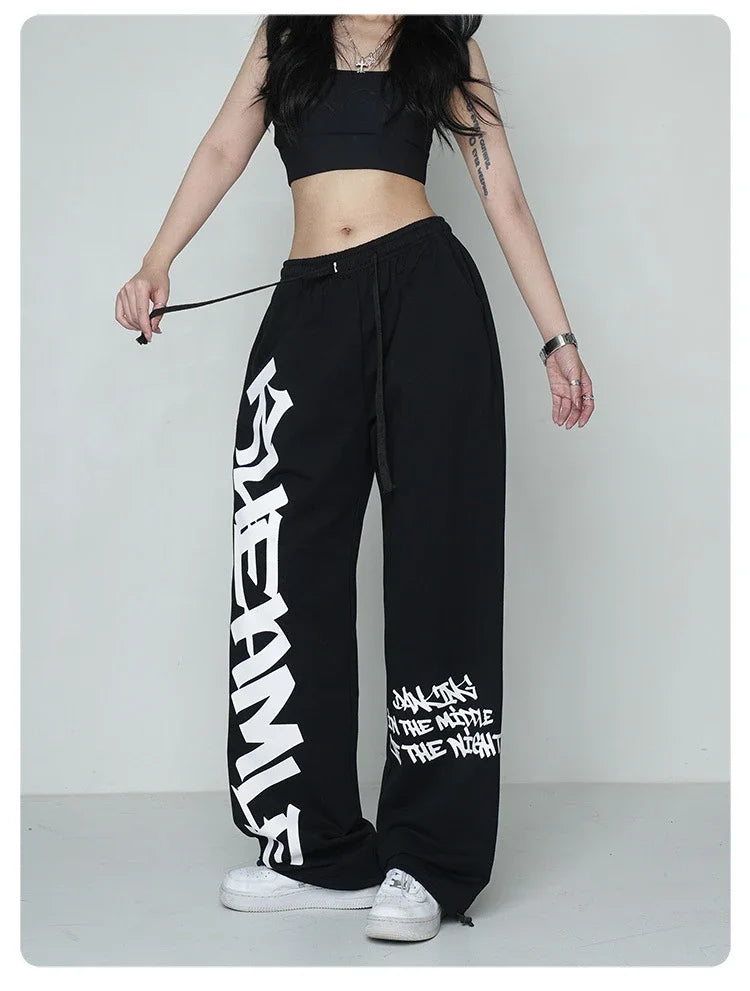 Koreańskie spodnie dresowe Y2K – białe, damskie, w stylu streetwear, Harajuku, oversize, hip-hopowe, z szerokimi nogawkami i nadrukiem