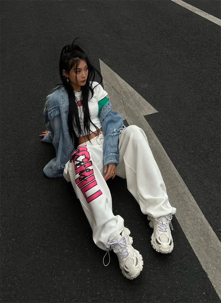Koreańskie spodnie dresowe Y2K – białe, damskie, w stylu streetwear, Harajuku, oversize, hip-hopowe, z szerokimi nogawkami i nadrukiem