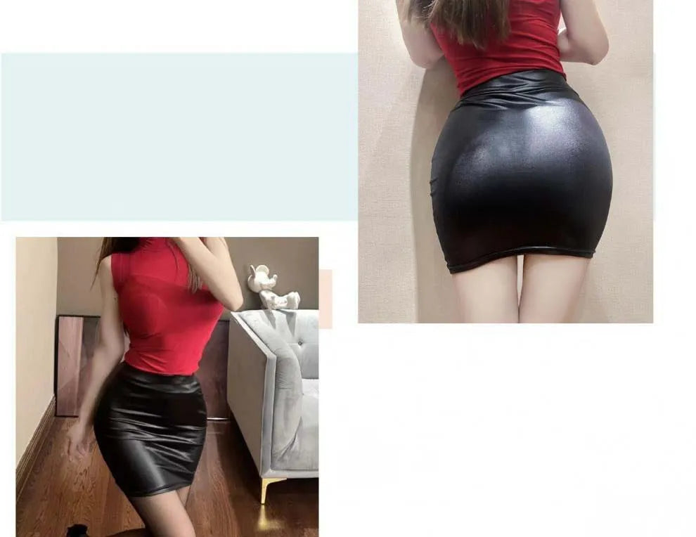 Czarna Ołówkowa Mini Spódniczka z Imitacji Skóry | Wysoki Stan, Seksowna, Modna, Koreański Styl