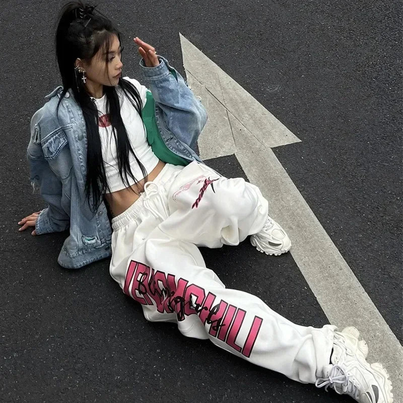 Koreańskie spodnie dresowe Y2K – białe, damskie, w stylu streetwear, Harajuku, oversize, hip-hopowe, z szerokimi nogawkami i nadrukiem