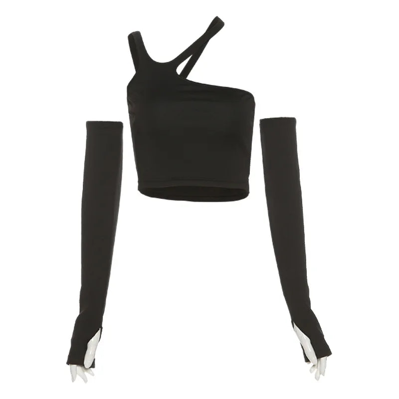 Jesienna Modna Koszulka Damska z Odpinanymi Rękawami – Slim Fit, Halter, Streetwear