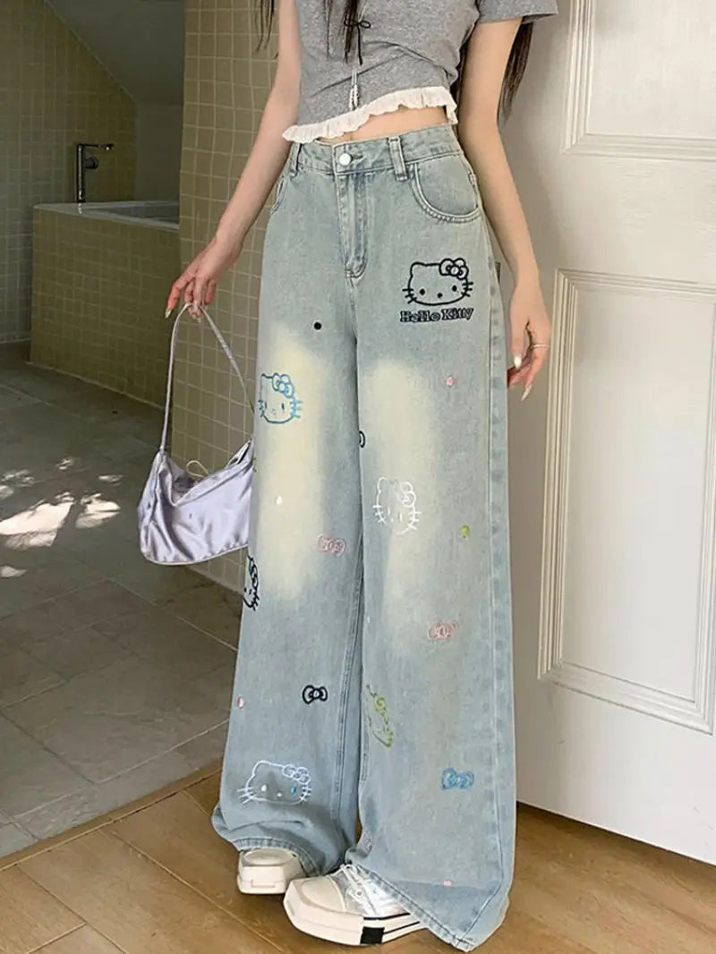 Dżinsy urocze spodnie z Hello Kitty, z szerokimi nogawkami, wysokim stanem, Luźne, wygodne