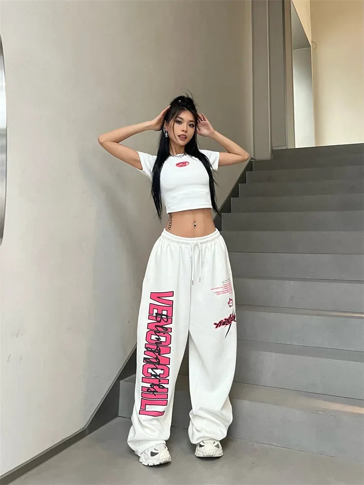 Koreańskie spodnie dresowe Y2K – białe, damskie, w stylu streetwear, Harajuku, oversize, hip-hopowe, z szerokimi nogawkami i nadrukiem