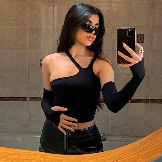 Jesienna Modna Koszulka Damska z Odpinanymi Rękawami – Slim Fit, Halter, Streetwear