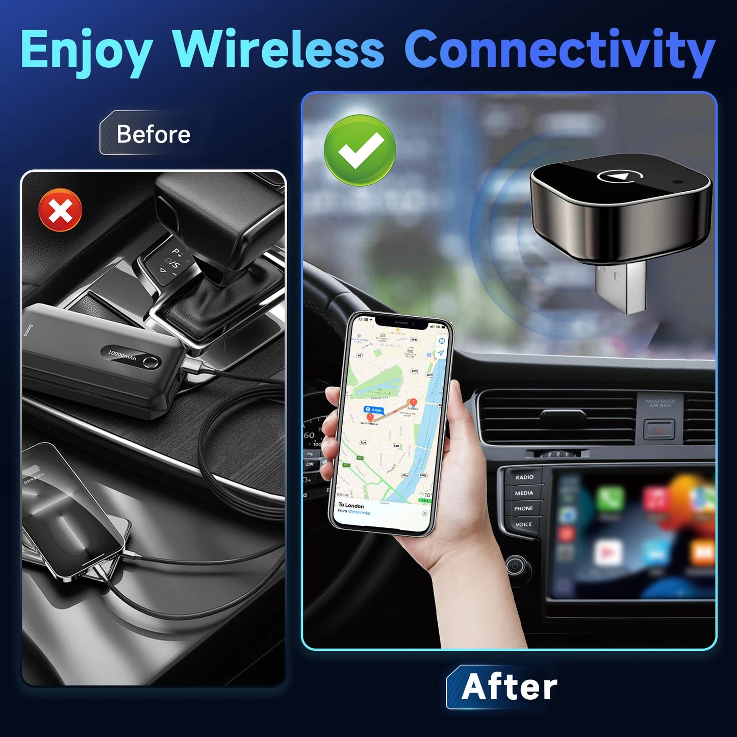 2w1 Bezprzewodowy Adapter CarPlay do Samochodu – Zamień Kabel na Wireless, Plug & Play, Kompatybilny z iPhone