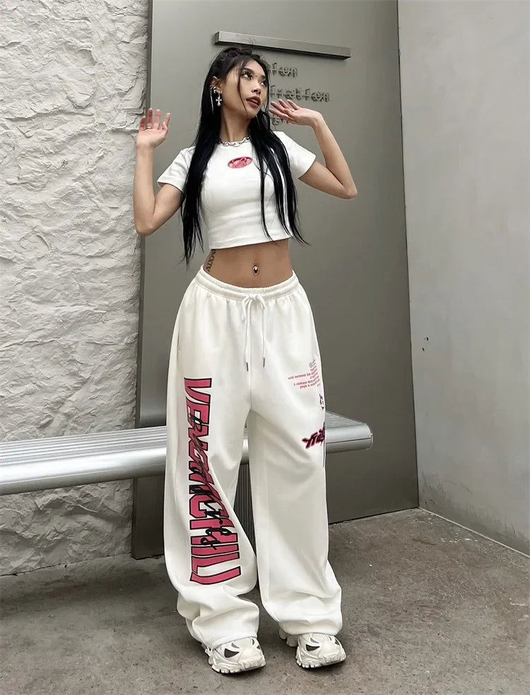 Koreańskie spodnie dresowe Y2K – białe, damskie, w stylu streetwear, Harajuku, oversize, hip-hopowe, z szerokimi nogawkami i nadrukiem