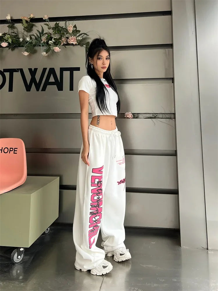 Koreańskie spodnie dresowe Y2K – białe, damskie, w stylu streetwear, Harajuku, oversize, hip-hopowe, z szerokimi nogawkami i nadrukiem