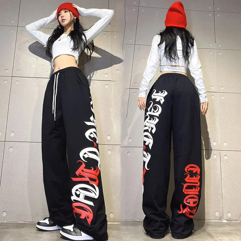 Koreańskie spodnie dresowe Y2K – białe, damskie, w stylu streetwear, Harajuku, oversize, hip-hopowe, z szerokimi nogawkami i nadrukiem