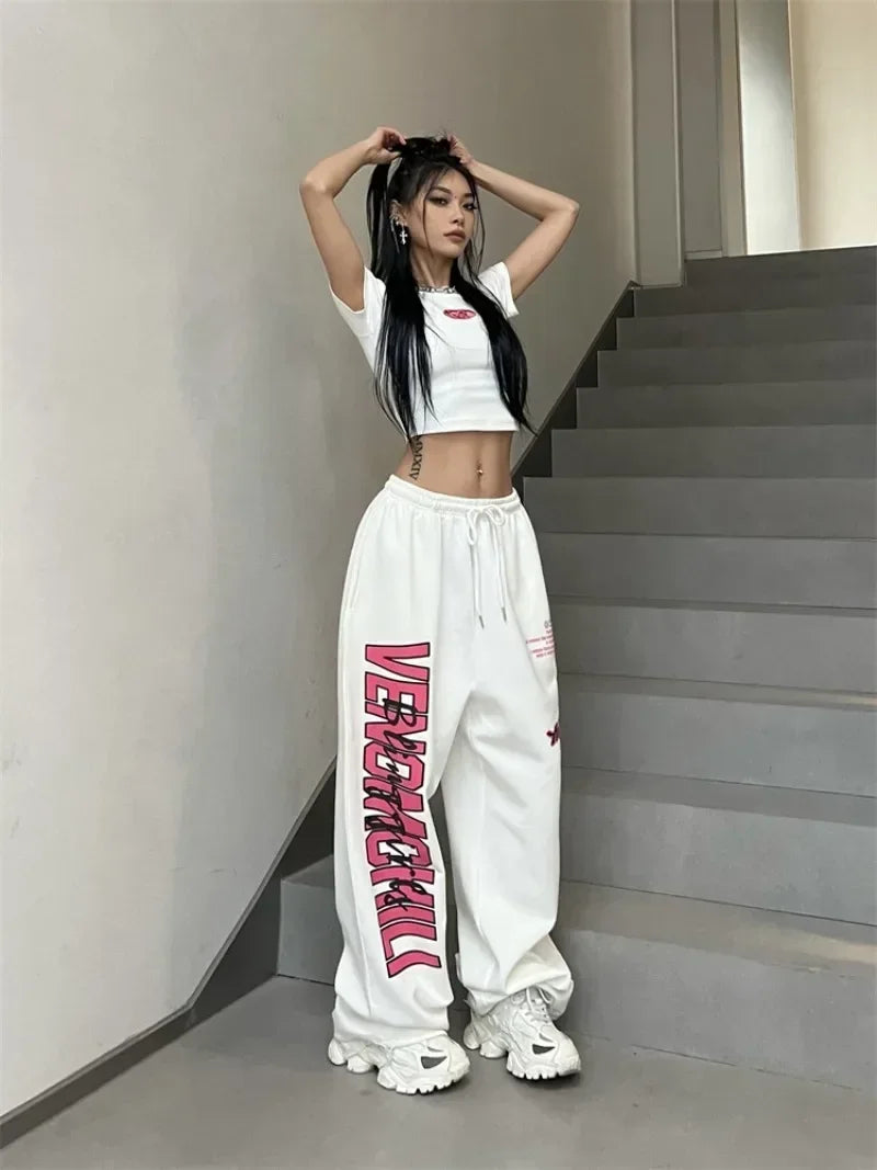 Koreańskie spodnie dresowe Y2K – białe, damskie, w stylu streetwear, Harajuku, oversize, hip-hopowe, z szerokimi nogawkami i nadrukiem