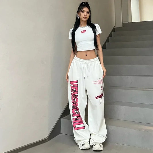 Koreańskie spodnie dresowe Y2K – białe, damskie, w stylu streetwear, Harajuku, oversize, hip-hopowe, z szerokimi nogawkami i nadrukiem