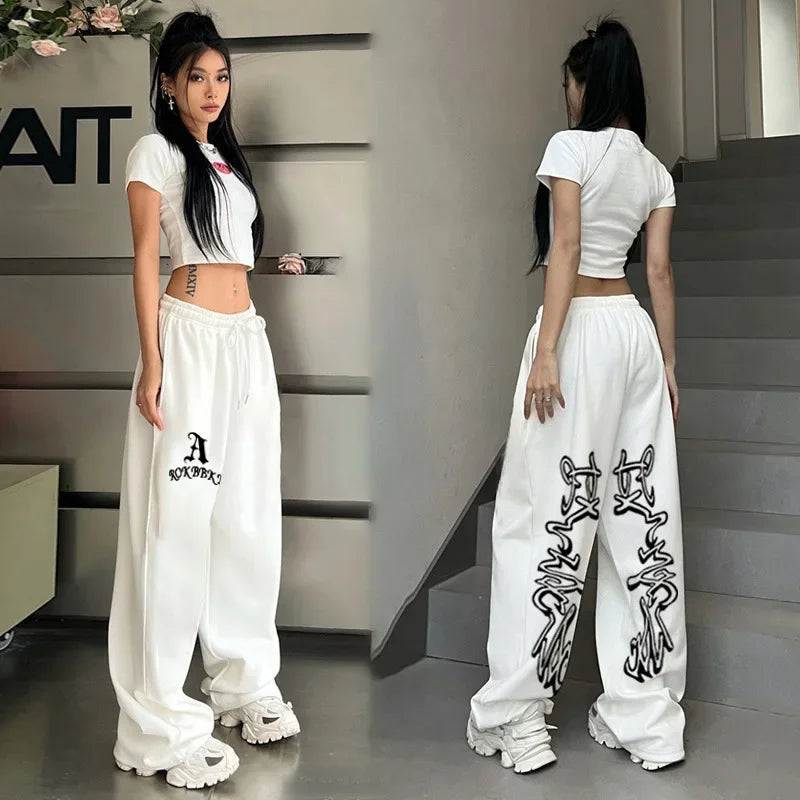 Koreańskie spodnie dresowe Y2K – białe, damskie, w stylu streetwear, Harajuku, oversize, hip-hopowe, z szerokimi nogawkami i nadrukiem
