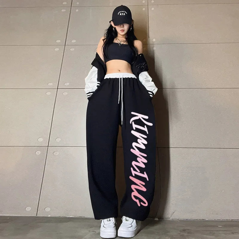 Koreańskie spodnie dresowe Y2K – białe, damskie, w stylu streetwear, Harajuku, oversize, hip-hopowe, z szerokimi nogawkami i nadrukiem