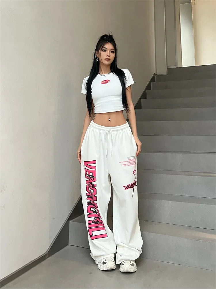 Koreańskie spodnie dresowe Y2K – białe, damskie, w stylu streetwear, Harajuku, oversize, hip-hopowe, z szerokimi nogawkami i nadrukiem