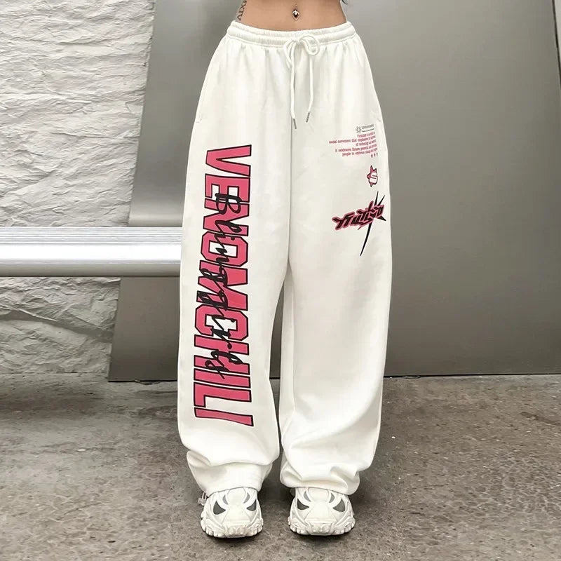 Koreańskie spodnie dresowe Y2K – białe, damskie, w stylu streetwear, Harajuku, oversize, hip-hopowe, z szerokimi nogawkami i nadrukiem