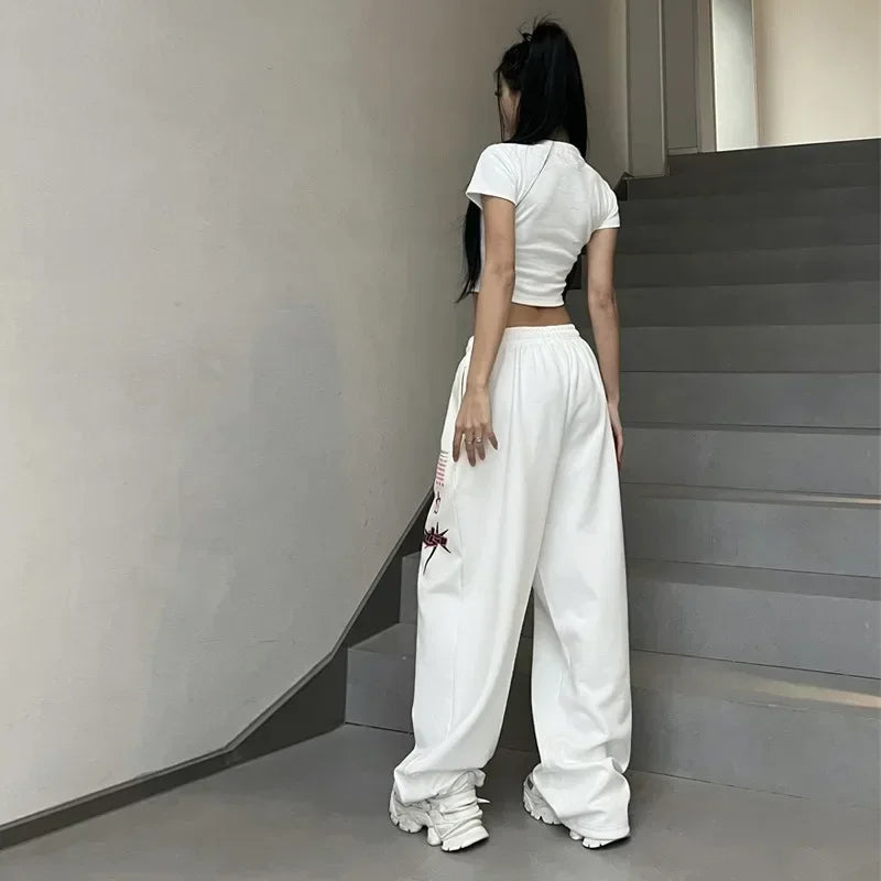 Koreańskie spodnie dresowe Y2K – białe, damskie, w stylu streetwear, Harajuku, oversize, hip-hopowe, z szerokimi nogawkami i nadrukiem