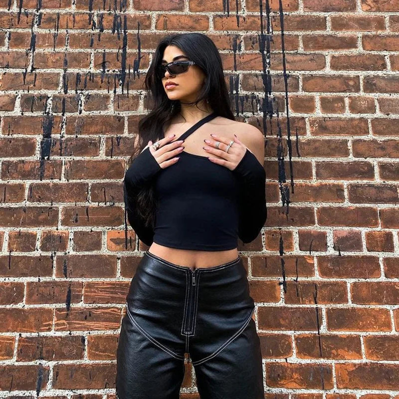 Jesienna Modna Koszulka Damska z Odpinanymi Rękawami – Slim Fit, Halter, Streetwear