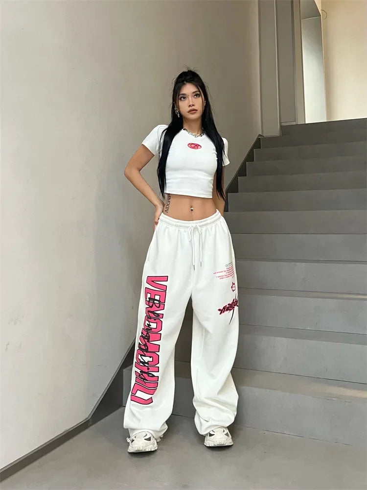 Koreańskie spodnie dresowe Y2K – białe, damskie, w stylu streetwear, Harajuku, oversize, hip-hopowe, z szerokimi nogawkami i nadrukiem