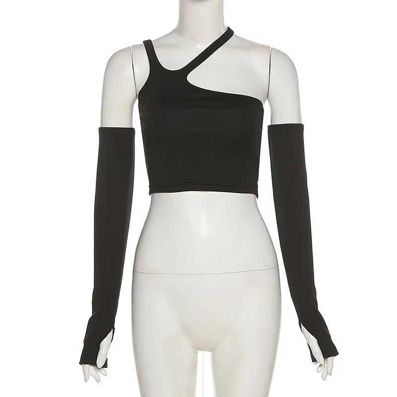 Jesienna Modna Koszulka Damska z Odpinanymi Rękawami – Slim Fit, Halter, Streetwear