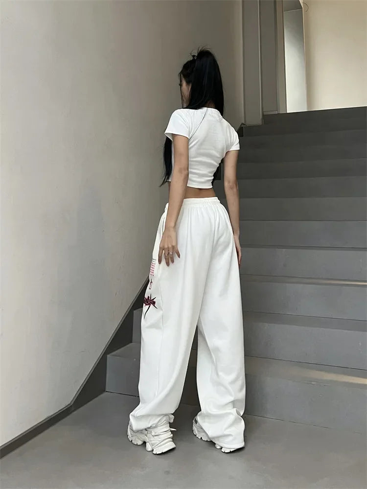 Koreańskie spodnie dresowe Y2K – białe, damskie, w stylu streetwear, Harajuku, oversize, hip-hopowe, z szerokimi nogawkami i nadrukiem