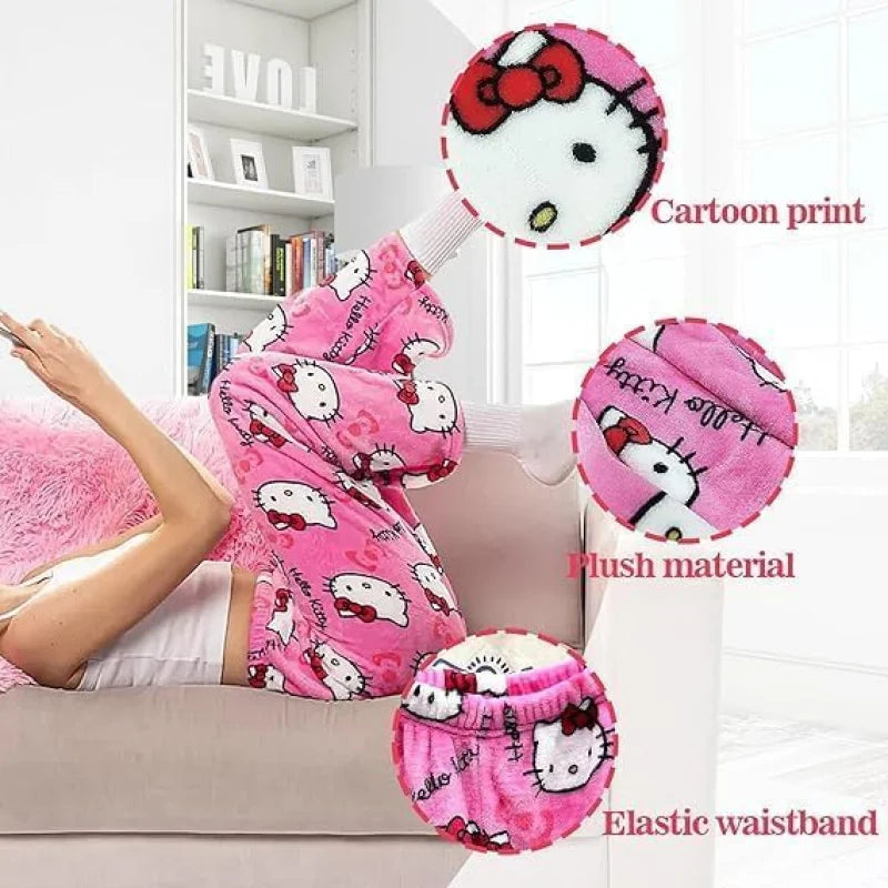 Hello Kitty spodnie piżamowe – anime spodnie piżamowe dla kobiet, z motywem kreskówkowym. Idealne także jako komplet dla par. Wygodne, luźne spodnie do spania i noszenia w domu, w stylu Y2K i kawaii.