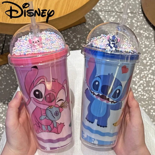 Kubek z Rurką Disney Stitch 450 ml – Podwójna Warstwa, Bidon dla Dzieci | Butelka na Wodę Kawaii