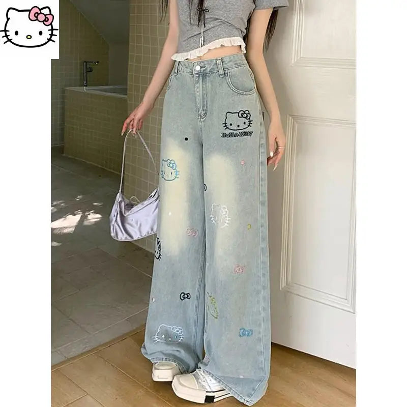Dżinsy urocze spodnie z Hello Kitty, z szerokimi nogawkami, wysokim stanem, Luźne, wygodne