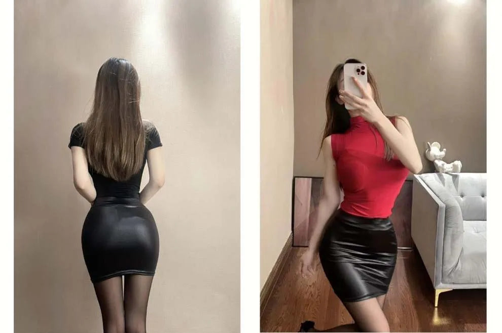 Czarna Ołówkowa Mini Spódniczka z Imitacji Skóry | Wysoki Stan, Seksowna, Modna, Koreański Styl