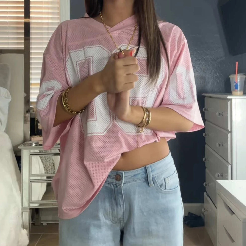 Koszulka Piłkarska z Krótkim Rękawem dla Dziewczyn – Luźny Krój, V-Neck, Nadruk Liter, Oversize