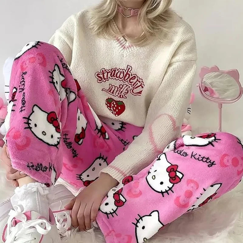 Hello Kitty spodnie piżamowe – anime spodnie piżamowe dla kobiet, z motywem kreskówkowym. Idealne także jako komplet dla par. Wygodne, luźne spodnie do spania i noszenia w domu, w stylu Y2K i kawaii.