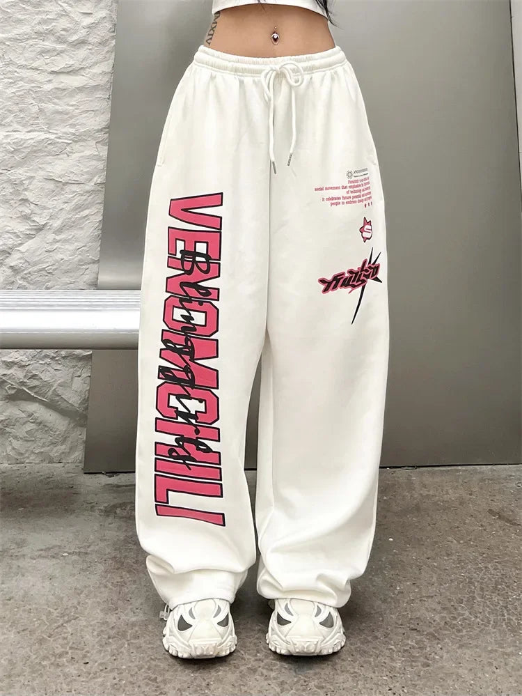 Koreańskie spodnie dresowe Y2K – białe, damskie, w stylu streetwear, Harajuku, oversize, hip-hopowe, z szerokimi nogawkami i nadrukiem