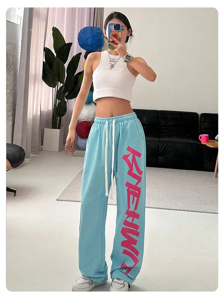 Koreańskie spodnie dresowe Y2K – białe, damskie, w stylu streetwear, Harajuku, oversize, hip-hopowe, z szerokimi nogawkami i nadrukiem